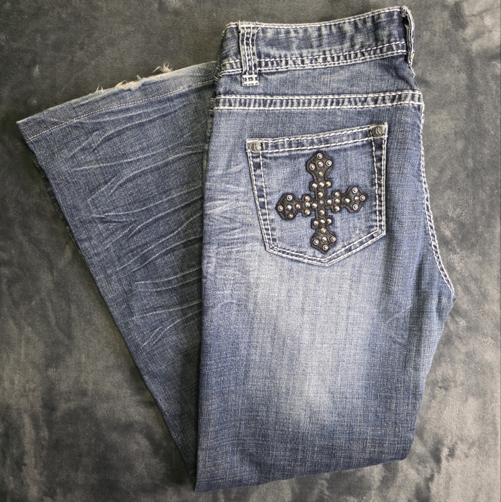 Rock & Roll Cowgirl Blue Flare Jeans with Cross Embellishment